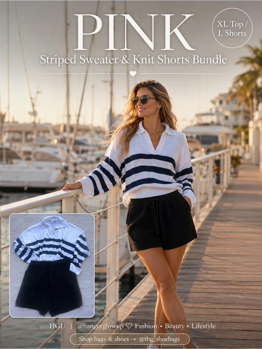 PINK Striped Sweater & Knit Shorts - White with Navy Stripes and Black Shorts